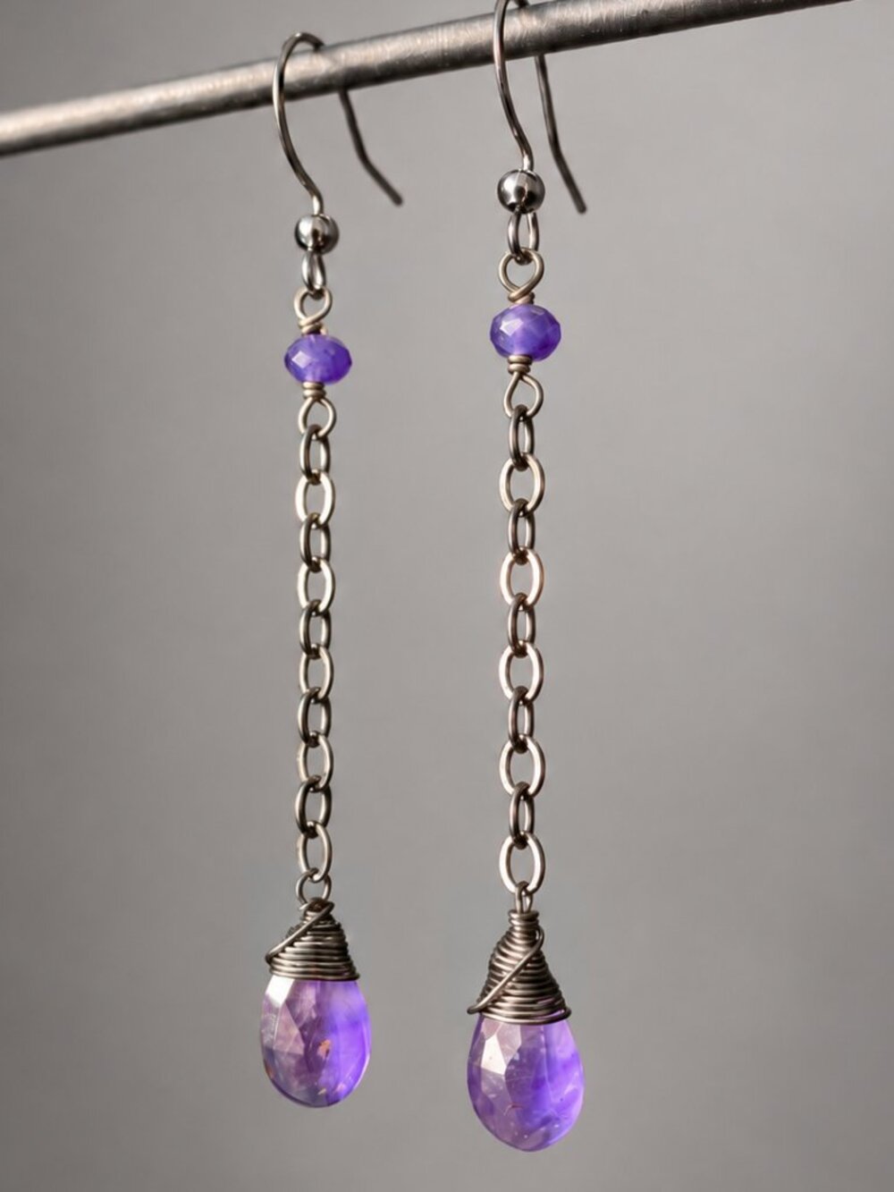 Amethyst & Gunmetal Chain Dangle Earrings